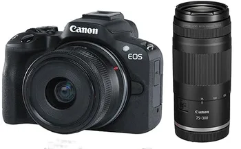 מצלמה ללא מראה Canon EOS R50 עם עדשה 18-45 +75-300 ממ (שחור) חבילה עם כרטיס זיכרון 64GB + תיק כתף 3 שנים אחריות יבואן